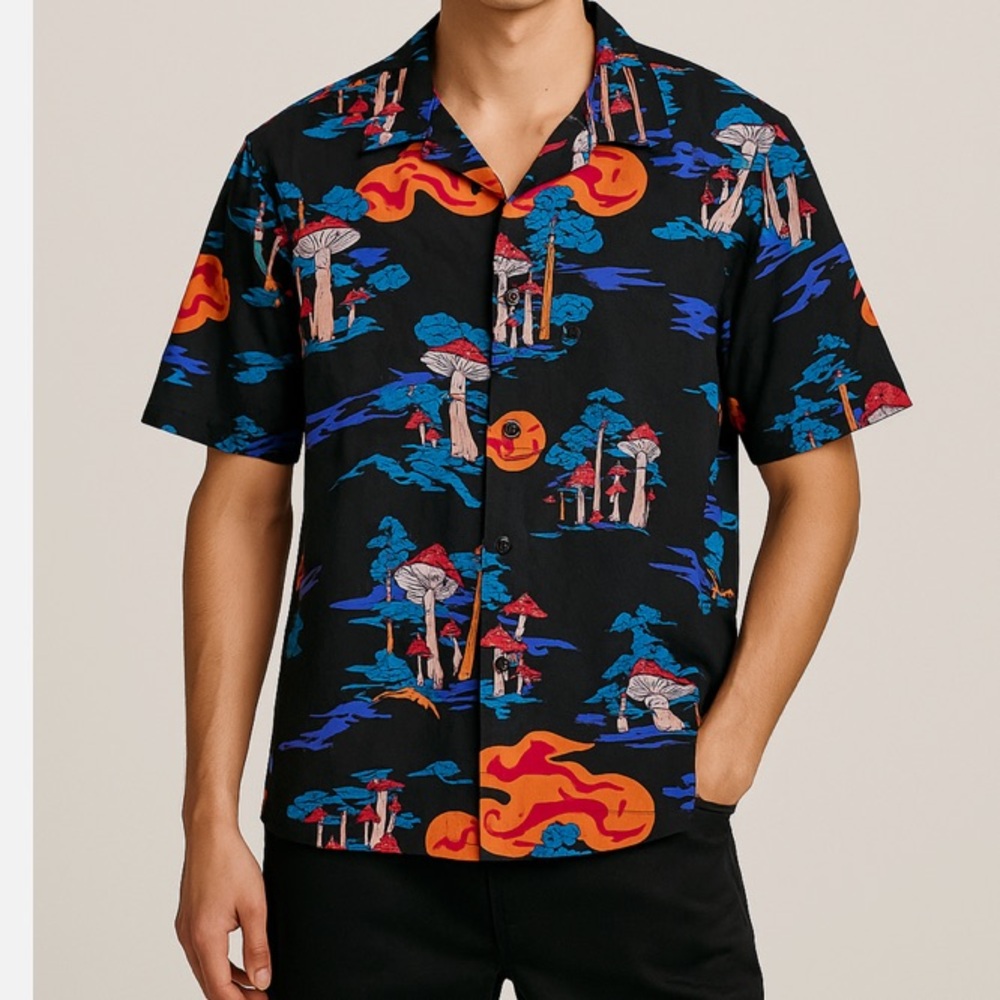 Mens Neff Psychedelic mushroom smiley face print button down size M